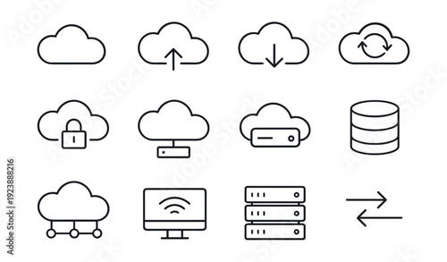 Collection of cloud computing and data storage icons with various symbols and functions