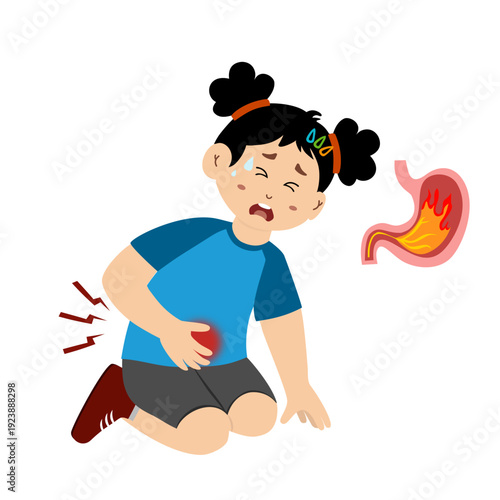 Little kid suffering from stomach ache, acid reflux. Gastritis concept vector illustration. 