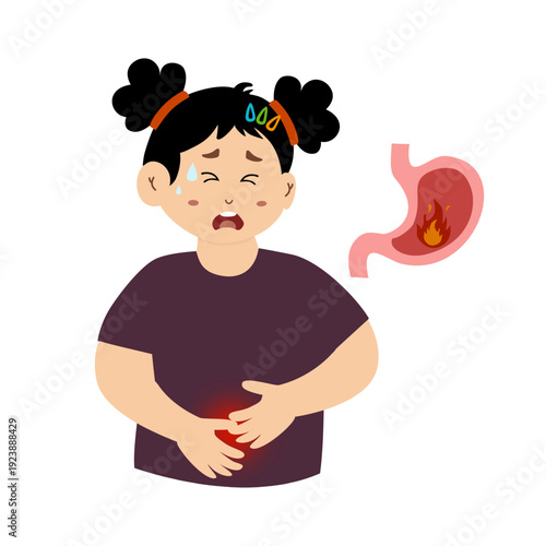 Little kid suffering from stomach ache, acid reflux. Gastritis concept vector illustration. 