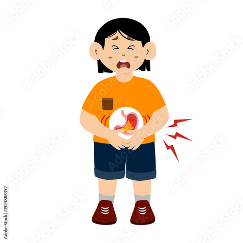 Little kid suffering from stomach ache, acid reflux. Gastritis concept vector illustration. 