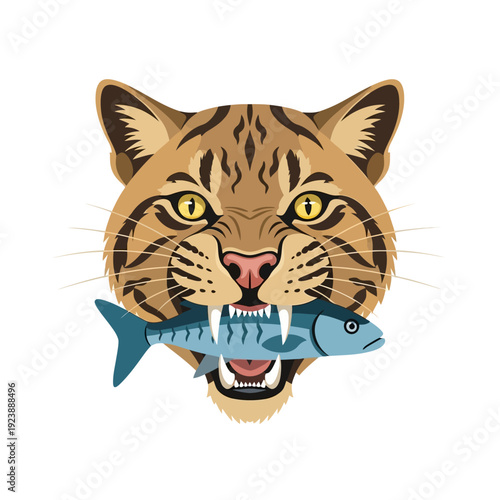 Fierce Bobcat with Sharp Teeth Bites a Fish in Mouth, Aggressive Predator Hunting