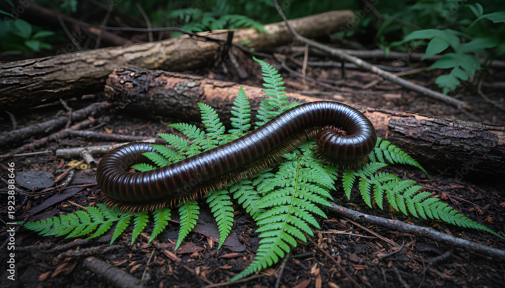 Obraz premium Dark Millipede Coiled on Green Fern Leaves in Forest Environment