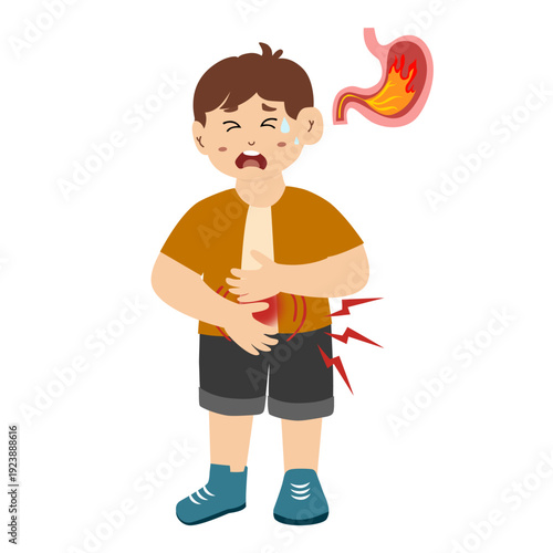 Little kid suffering from stomach ache, acid reflux. Gastritis concept vector illustration. 