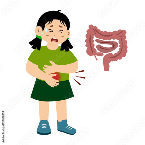 Little kid experiencing pain in her stomach.  Symptoms of poisoning, gastritis, gastroenteritis, dyspepsia. 
