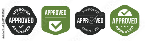 Approved stamp and badge collection in green and black color. Vintage label approved sign.