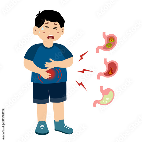 Little kid suffering from stomach ache, acid reflux. Gastritis concept vector illustration. 
