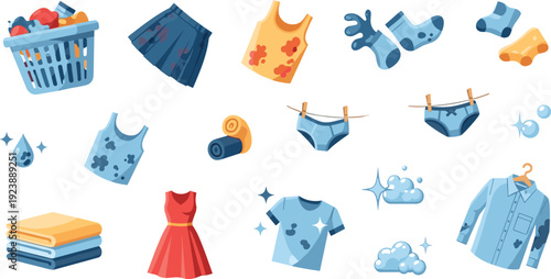 Dirty Laundry Cartoon Collection with Stained Clothes Washing Detergent Bubbles and Clean Folded Garments Household Flat Vector Illustration Set Police Stop