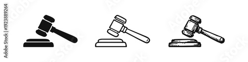 Gavel Icons Set with Sound Block. Hand-Drawn Sketch and Outline Judge's Mallet Symbols for Law and Auction