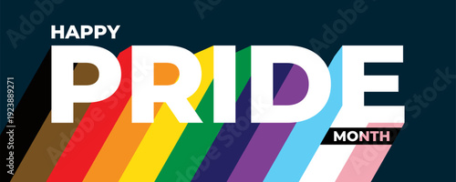 Pride Month typography with long colorful shadows, LGBTQ community celebration banner on dark background, inclusive progress flag colors representing diversity and love