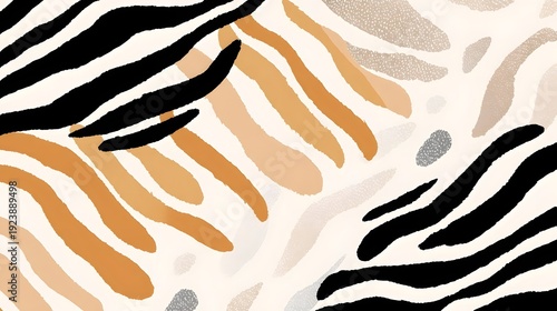 Modern abstract design with organic flowing stripes like animal prints  Features bold black warm orange soft beige and subtle grey hues on a neutral cream backdrop