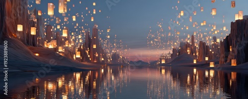 A surreal desert filled with floating glowing mirrors