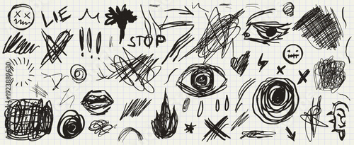 Chalk scribble doodle element set for poster, social media. Handwritten doodles. Rough emotional hand drawn marker sketch with brush grunge texture. Vector illustration of teens chaotic pencil drawing