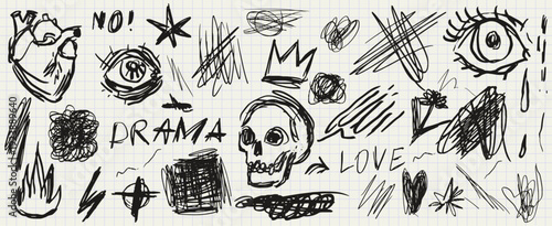 Chalk scribble doodle element set for poster, social media. Handwritten love, mad, irritation, anger doodles. Rough emotional hand drawn ball pen sketch grunge texture. Chaotic freehand pencil drawing