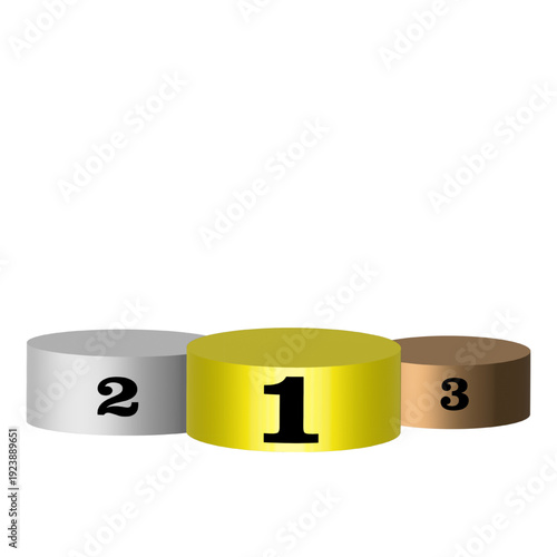 A podium with three metallic winners' stands in silver, gold, and bronze, numbered 2, 1, and 3, against a plain background, viewed from the front.