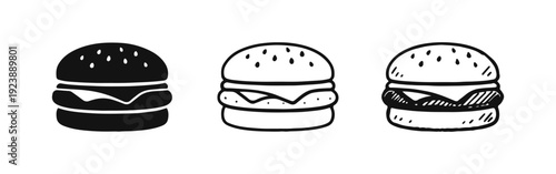 Hamburger Icons Set. Hand-Drawn Sketch and Outline Burger Symbols for Fast Food and Restaurant Menus