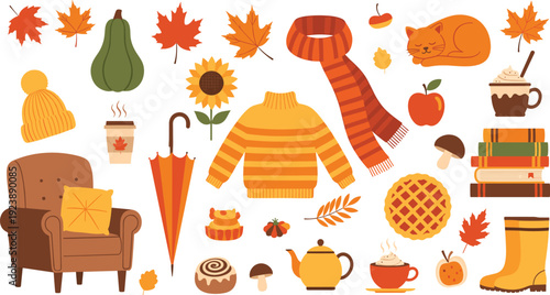 Autumn cozy elements collection with sweater scarf pumpkin pie hot drink armchair and falling leaves vector illustration set