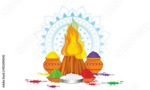 Holika Dahan bonfire with colorful gulal powders for the Holi festival.