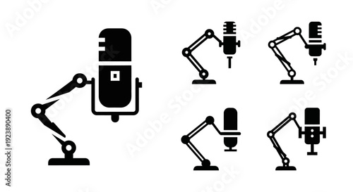 Podcast Microphone Icon Set: Boom Arm, Studio Mic, Condenser, Dynamic