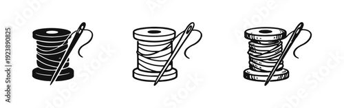 Thread Spool with Needle Icon Set. Sewing and Craft Supplies Doodle Symbols. Hand-Drawn Style.