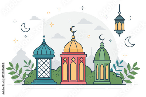 Dynamic Ramadan And Eid Lanterns Thick Outline Professional Photo