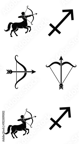Sagittarius Zodiac Symbol, Centaur Archer, and Bow and Arrow Icons