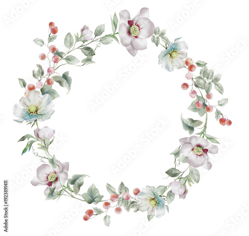Easter wreath with flowers. Watercolor Easter composition.