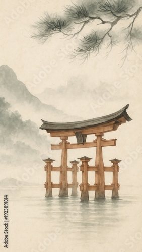 Serene Japanese torii gate illustration.