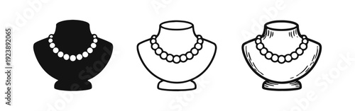 Necklace on Display Stand Icons. Silhouette, Line Art, and Doodle Hand Drawn Jewelry.