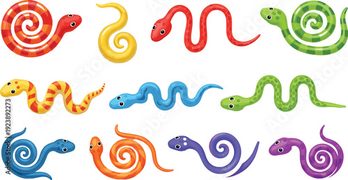 Colorful Snake Cartoon Character Collection with Curled Crawling and Spiral Reptile Poses Cute Wildlife Flat Vector Illustration Set Police Stop