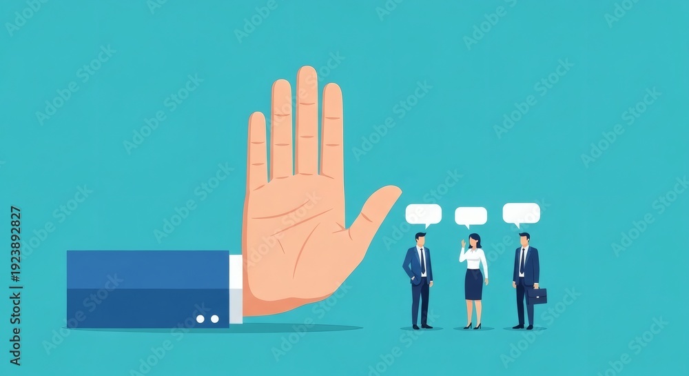 Fototapeta premium Stop the Talk Business people silenced by giant hand Teal background.