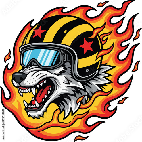 Flaming Wolf Biker Head in Helmet and Goggles