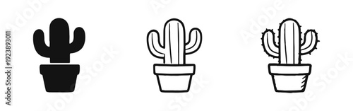 Potted Cactus Icons Set. Black Silhouette, Line Art, and Hand Drawn Doodle Desert Plant.