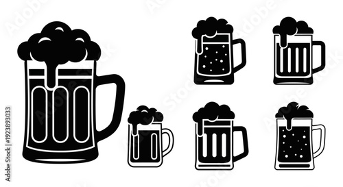 Set of Black and White Beer Mugs Icons with Foam, Vector Illustration