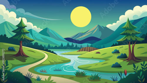 Serene sunset path through a peaceful mountain landscape