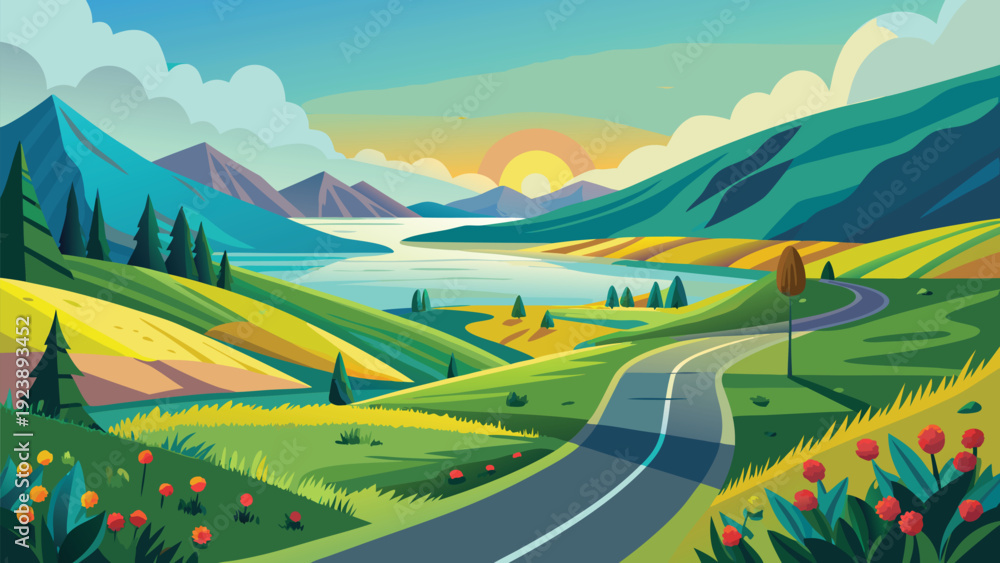 Fototapeta premium Scenic journey through a picturesque mountain valley with winding road and clear skies