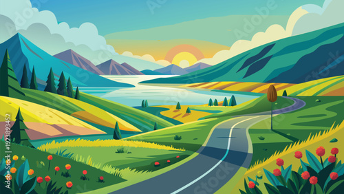 Scenic journey through a picturesque mountain valley with winding road and clear skies