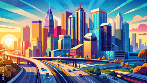 Very beautiful Los Angeles downtown cityscape featuring contemporary glass towers, layered highways, and radiant California sunshine illuminating the vibrant heart of this dynamic West Coast metropoli