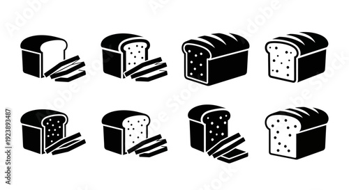 Set of Black and White Icons: Sliced Bread Loaves, Baked Goods, Bakery Products, Food Icons