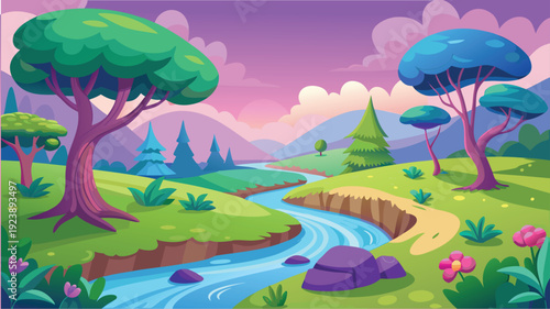 A whimsical adventure through a vibrant, enchanted forest with winding streams and lush greenery