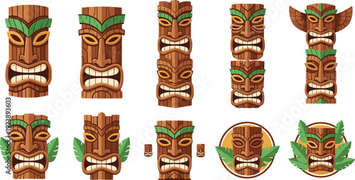 Polynesian Tiki Mask Cartoon Collection with Wooden Tribal Idols Tropical Leaves and Hawaiian Totem Faces Flat Vector Illustration Set Police Stop
