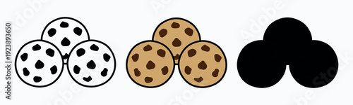 Set of three chocolate chip cookie icons in line art, flat color, and solid silhouette styles on a white background