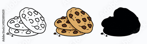 Hand-drawn illustration of three chocolate chip cookies in three variations: outline, colorful cartoon, and black silhouette.