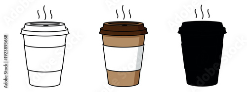 Paper coffee cup icon with steam and sleeve, presented in linear, colored, and silhouette versions for graphic design use.