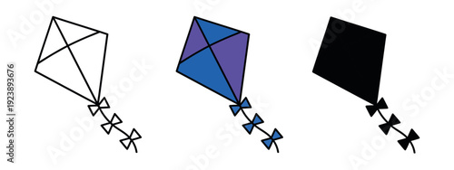 Simple diamond-shaped kite illustration with a bow tail in three styles: outline, blue and purple color, and solid silhouette.