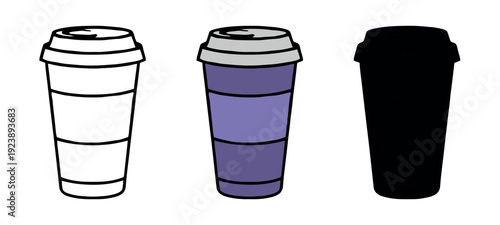 Reusable travel mug icon set. Purple insulated coffee cup with lid in line art, flat color, and silhouette styles.