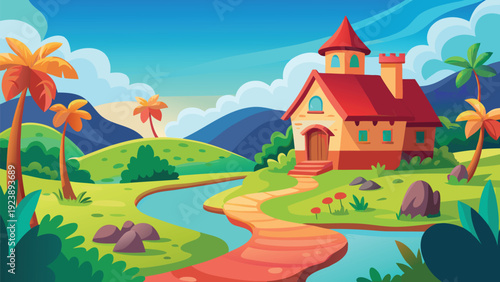 Whimsical countryside scene with a charming house and winding river pathway.