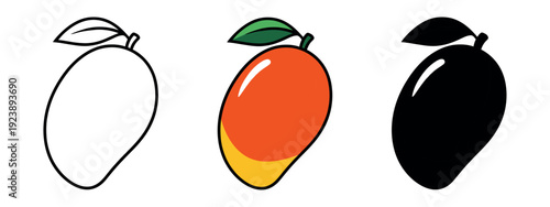 Stylized mango illustration showing different rendering styles including a line drawing, a gradient color version, and a silhouette.