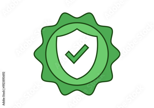 Escudo de seguridad con marca de verificación sobre sello circular de color verde