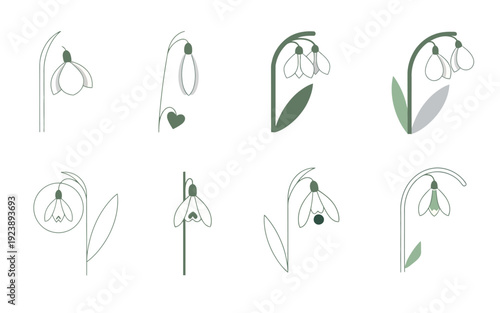 Collection of minimalist snowdrop flower icons in various positions, featuring thin green stems and white bell-shaped blooms.