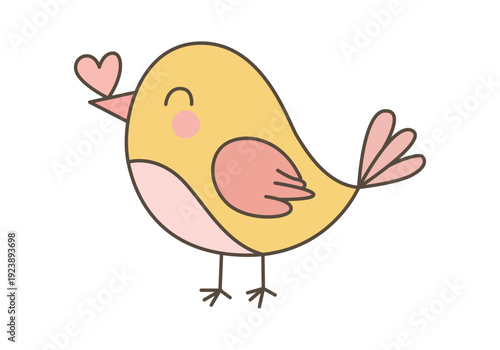 Pequeño pájaro amarillo con alas rosas sosteniendo un corazón en el pico